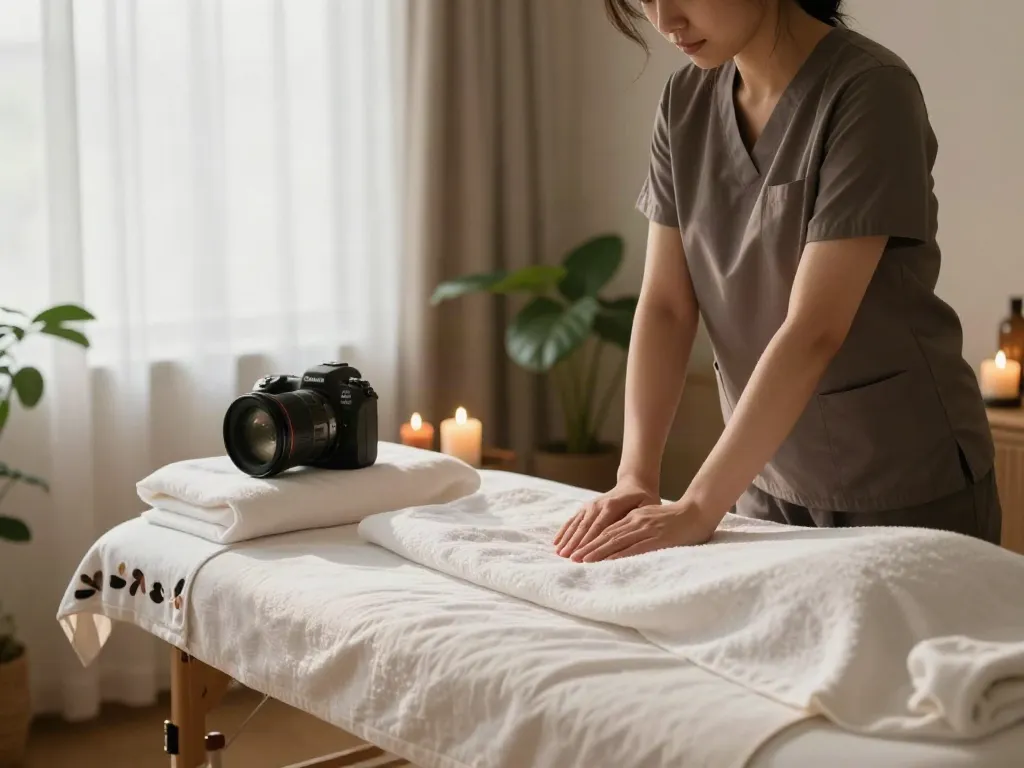 Experience a calming 일산출장마사지 session in a serene home environment, featuring soft sheets and ambient lighting.