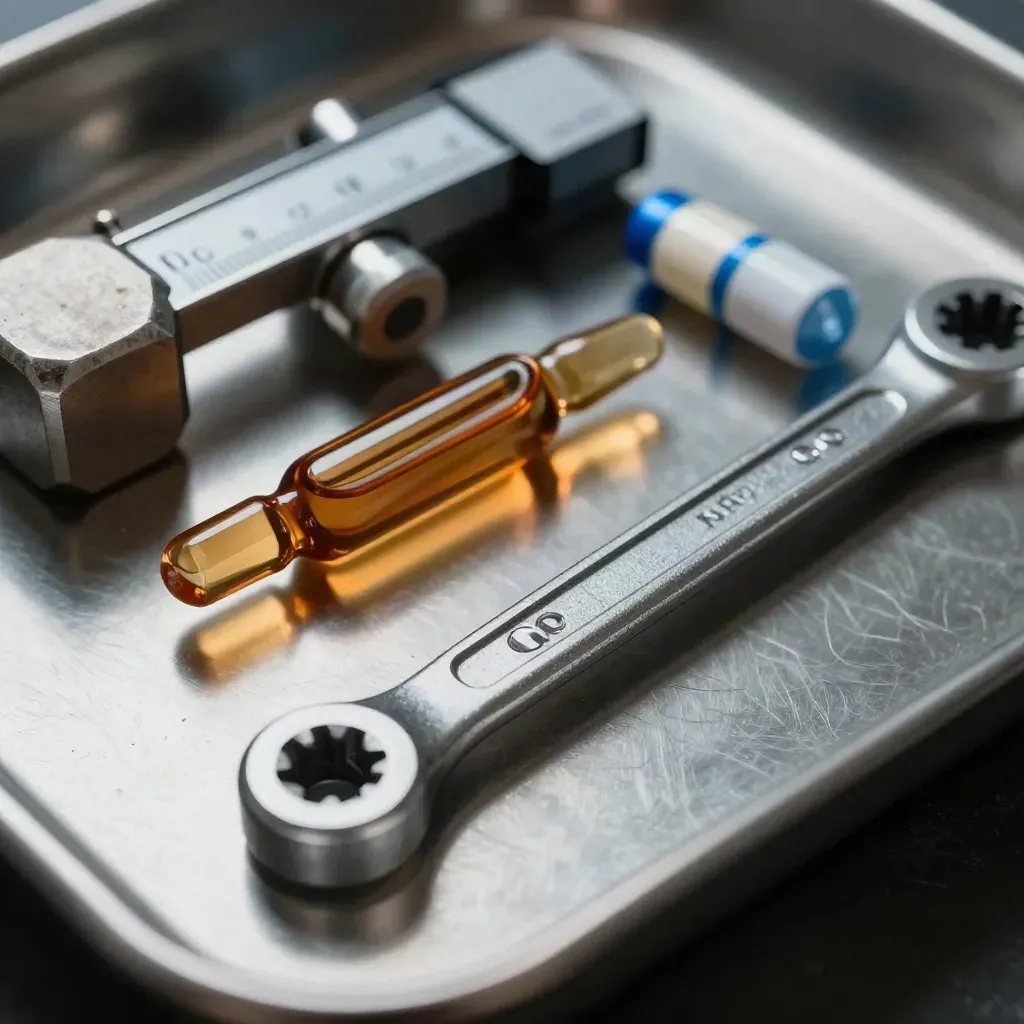 Pharma QC tools on brushed steel with amber glass, metal weights and a torque wrench.