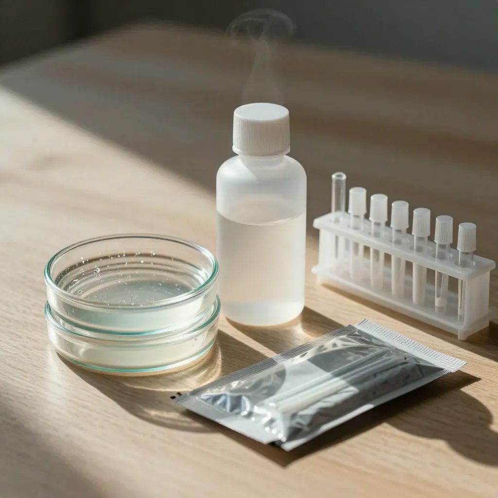 Overhead lab still life with media bottle, petri dishes, swabs, and tube rack on pale wood.
