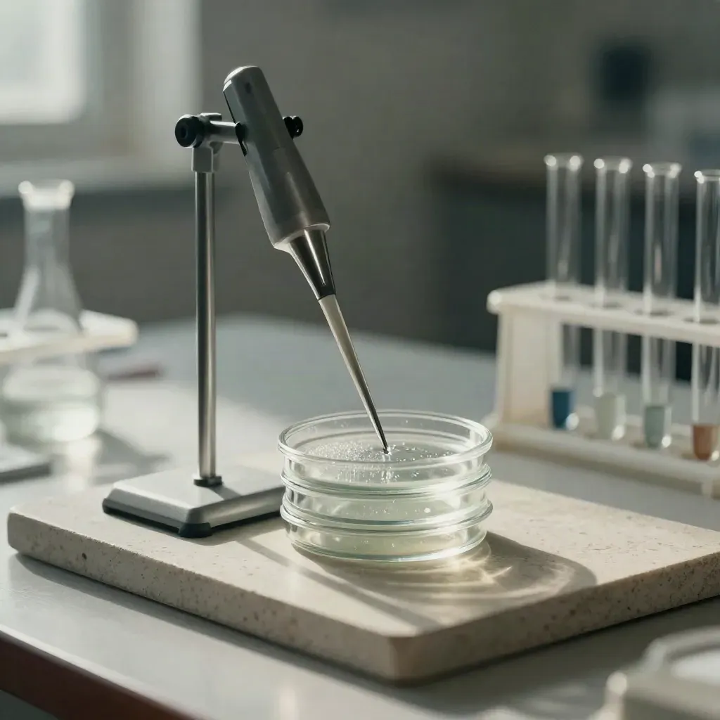 Micropipette stand, petri dishes, pipettes and tube rack on pale stone with soft lab light.