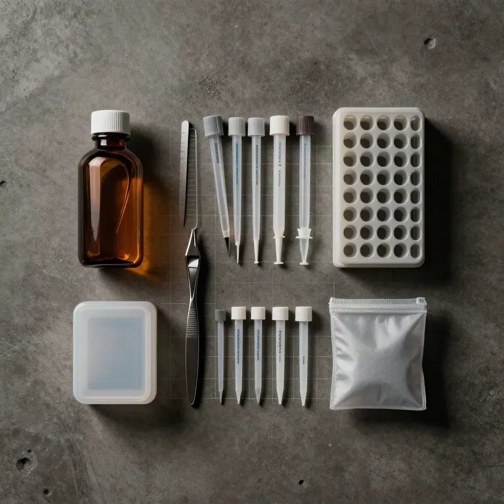 Top-down bioprocess sampling kit on dark concrete with amber bottle, cryovials, forceps, and microtubes
