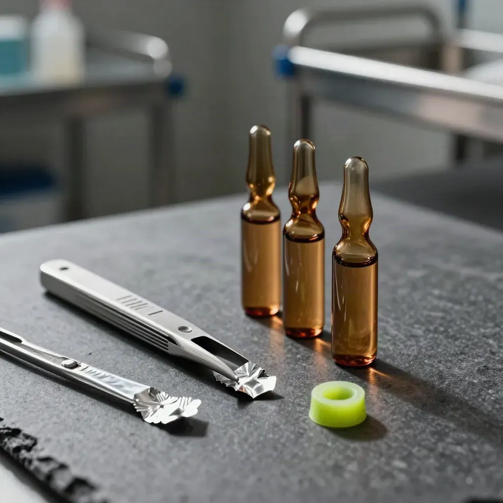 Amber ampoules, tweezers, foil seals, and a crimping tool on graphite stone