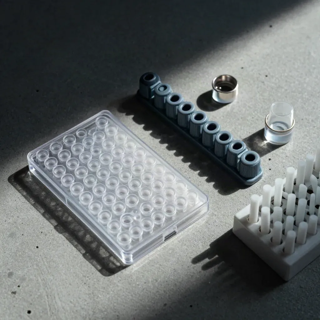 Overhead lab still life of PCR plate, microtube strip, bead vial and tip rack on cool concrete.
