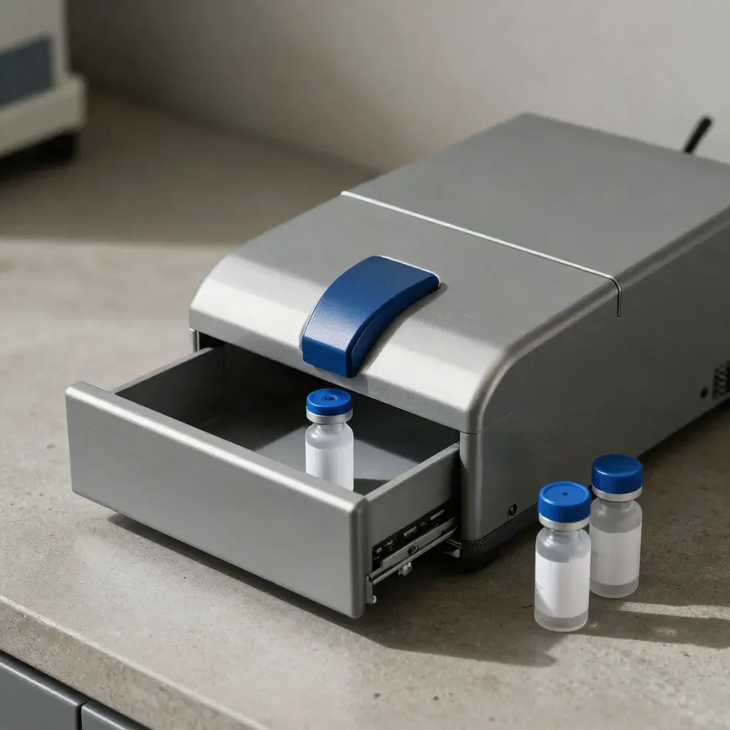 Macro still life of a benchtop analyzer with three QC vials on a concrete lab surface.