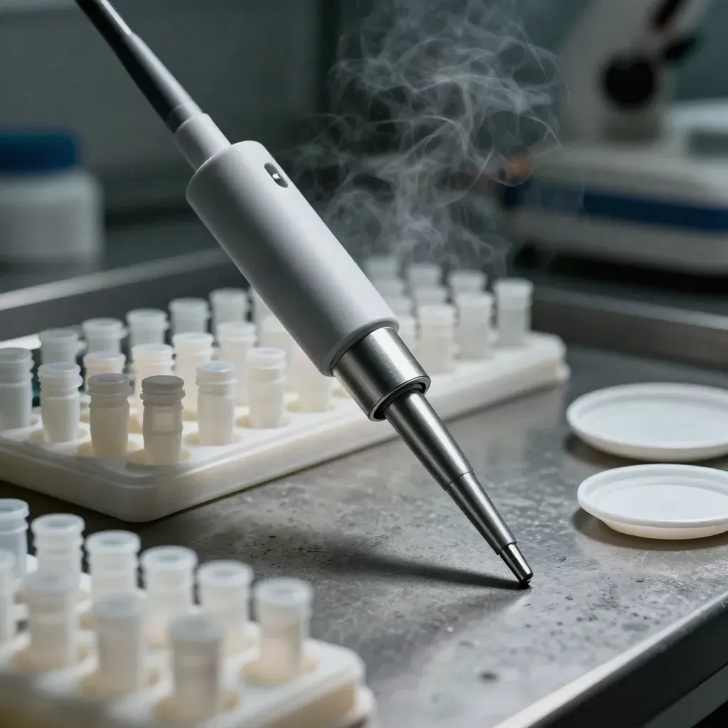 Multi-channel pipette head beside tip boxes and a microplate corner on a concrete lab bench.