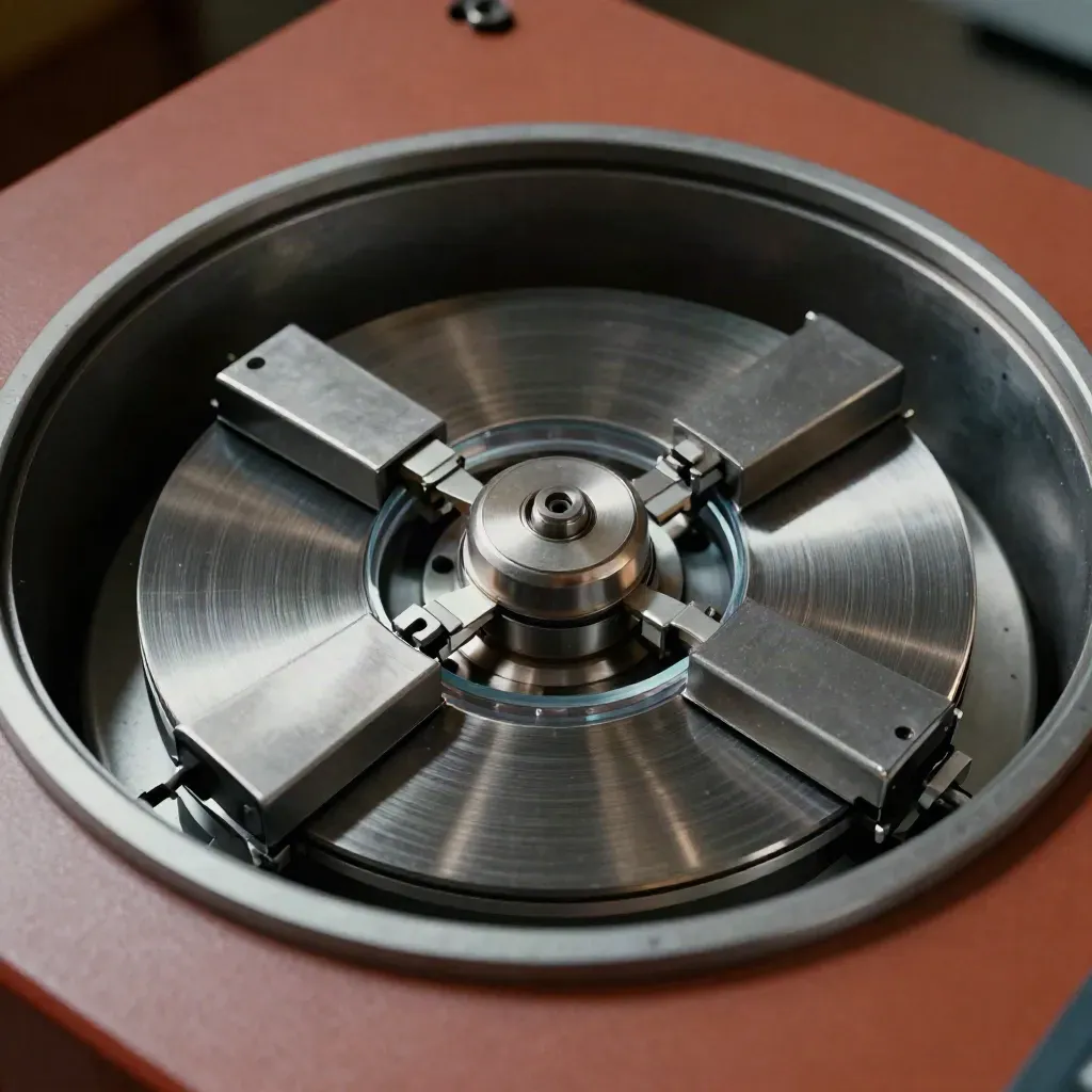 Open centrifuge rotor slowing to stop, with two tube carriers and a clear ring insert.