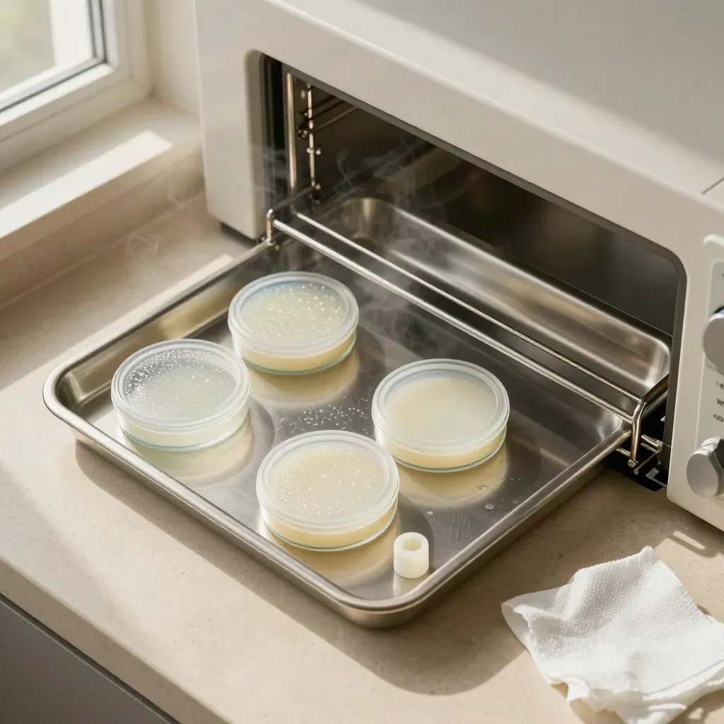 Top-down incubator tray with humidity pan and culture dishes in warm vapor