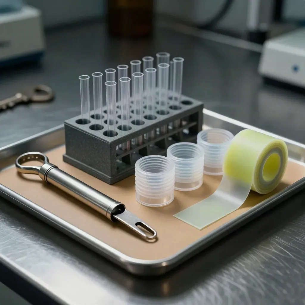 Lab prep tools, tube rack, specimen cups and seal strips on brushed metal under dramatic light.
