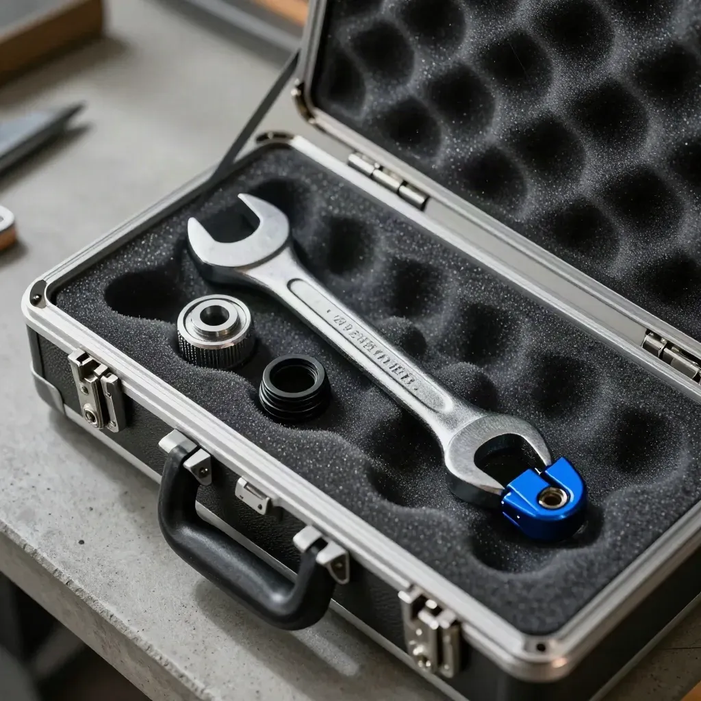 Foam-lined service case with calibration weights, wrench and seal on concrete under raking light.