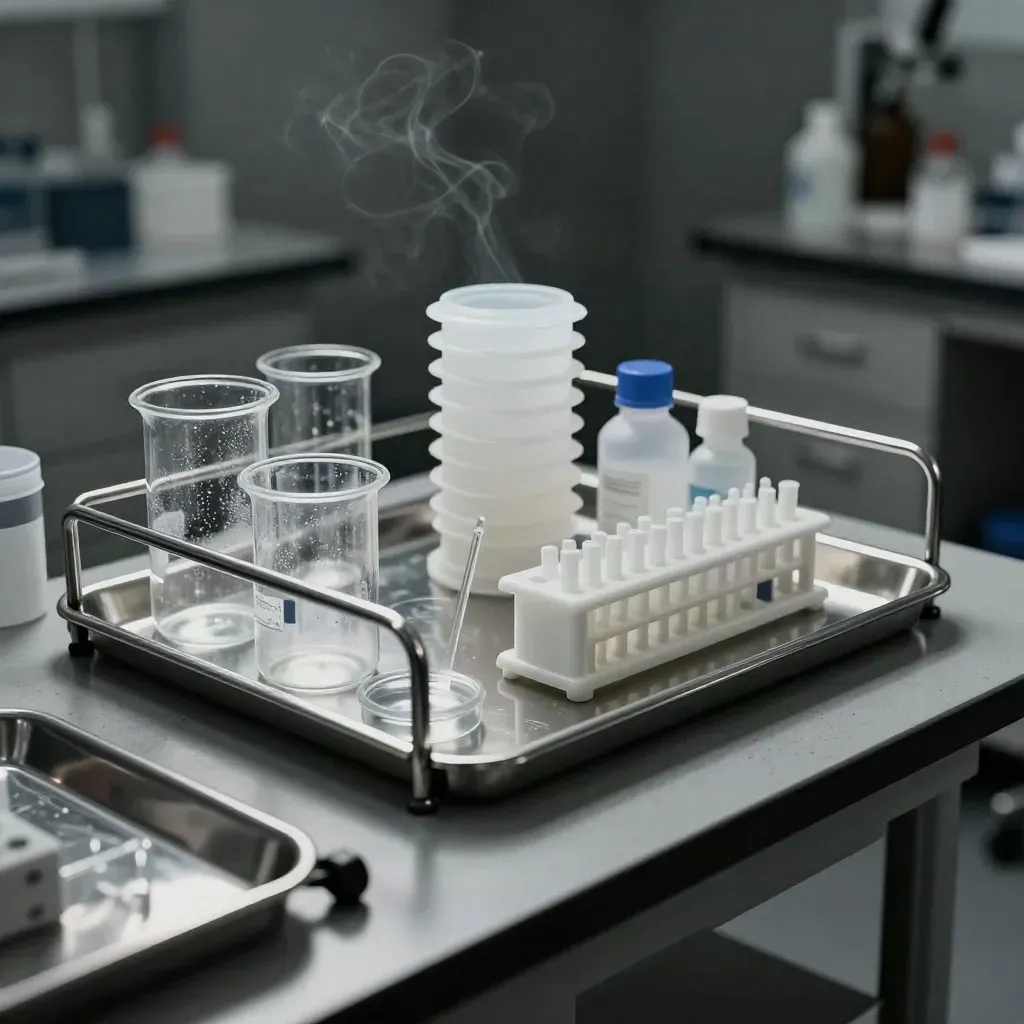 Biosafety cart with flasks, tip towers, and microtube rack in a dim lab haze.