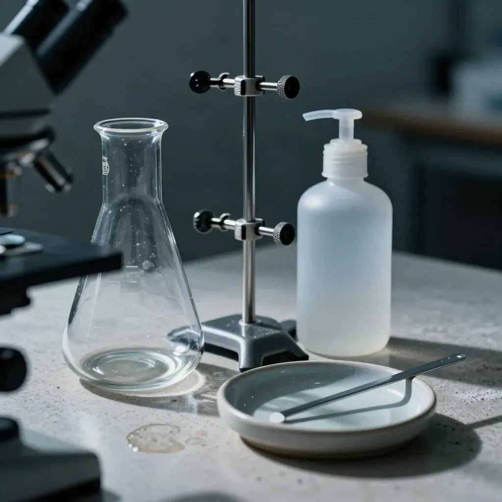 Erlenmeyer flask, burette stand, wash bottle, and stir bar dish on pale stone behind a microscope arm.