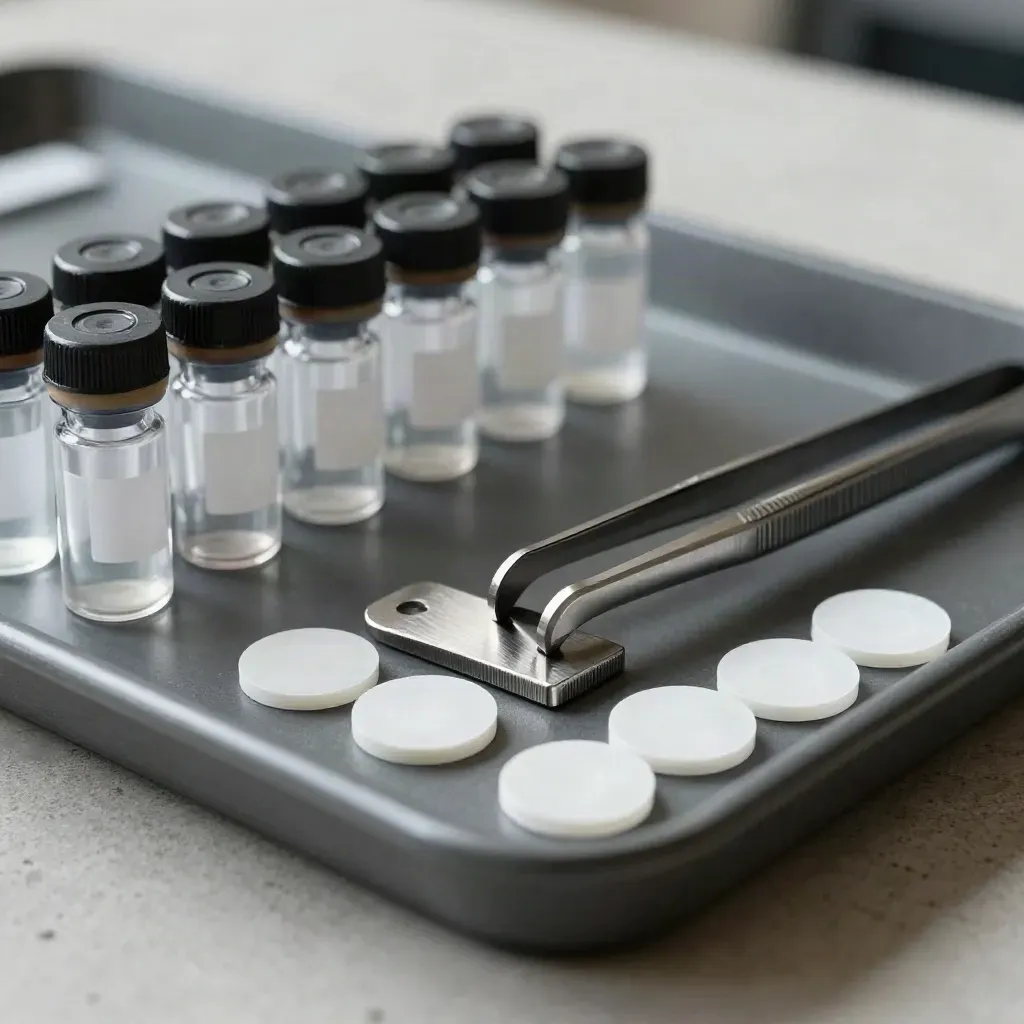 Macro still life of QC vials, tweezers, test coupons, and tamper seals on a graphite tray
