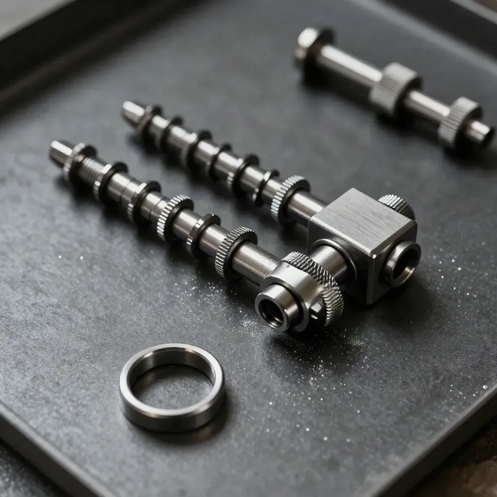 Macro flat lay of lab connector rings, dowel pins, and a modular block on graphite metal