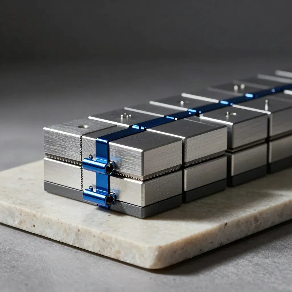 Modular lab blocks and a cobalt clamp on pale stone, lit dramatically.