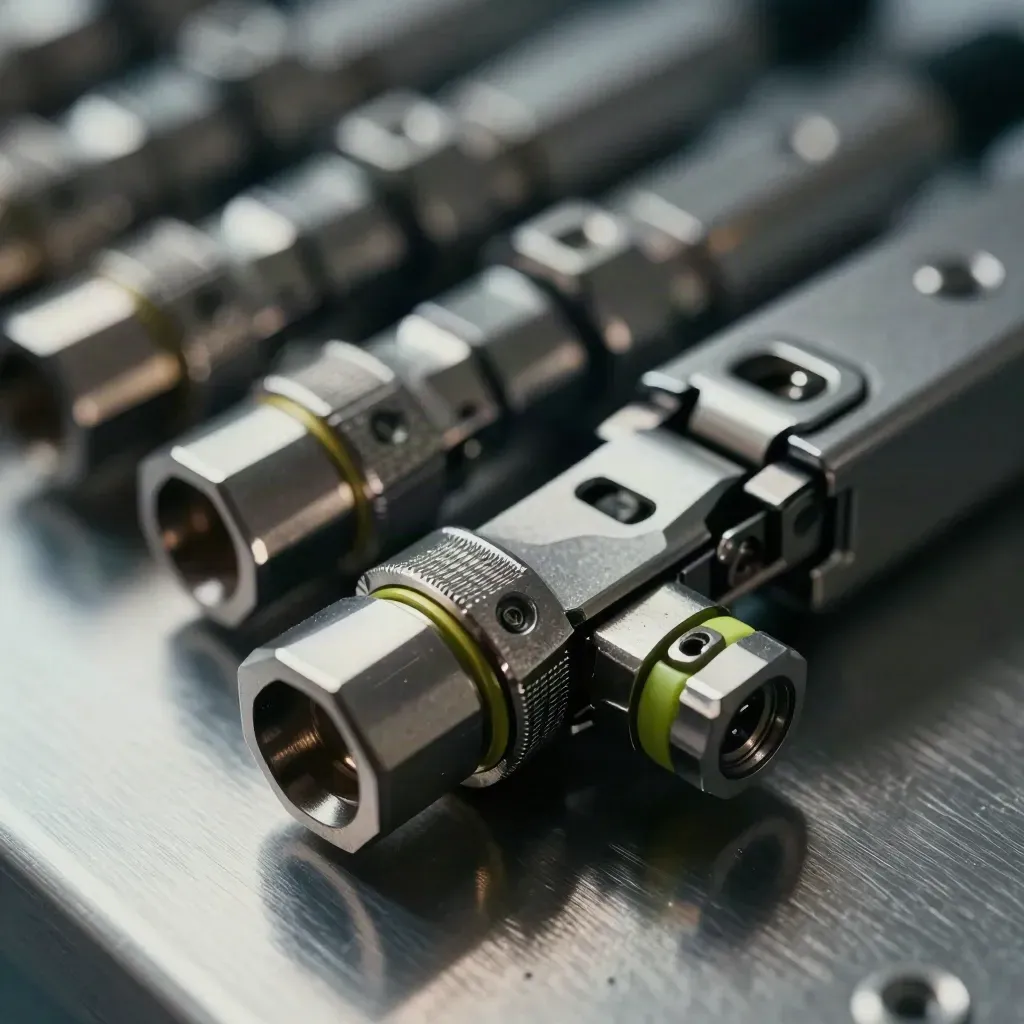 Low-angle macro of lab-machined connectors and a hinge assembly snapping shut