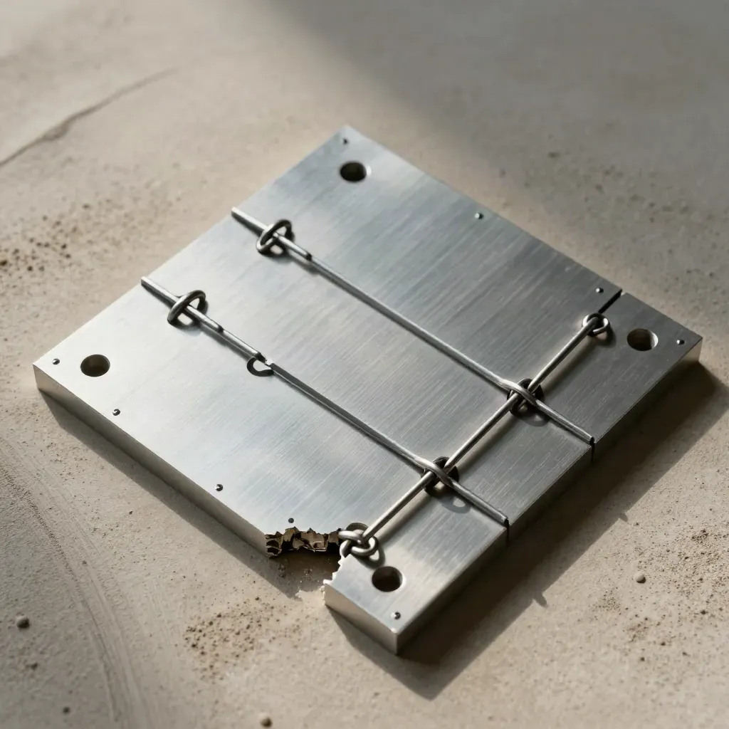 Brushed aluminum plates, pins, and rings arranged on sand-colored plaster in hard skimming light.