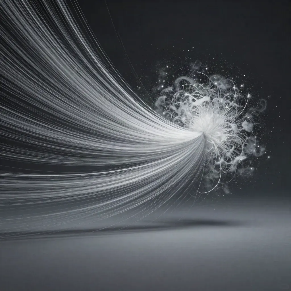 Silver filaments converge into a soft bloom in graphite haze, with open space for headline.